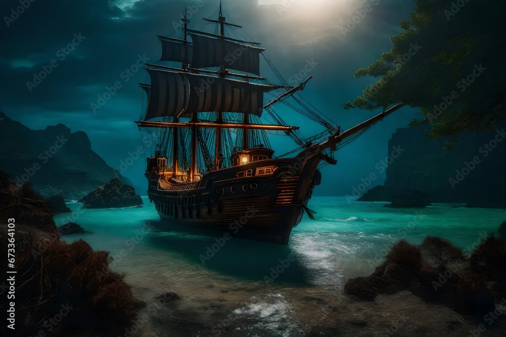 A pirate ship looking for treasure on a deserted A pirate ship looking for treasure on a deserted