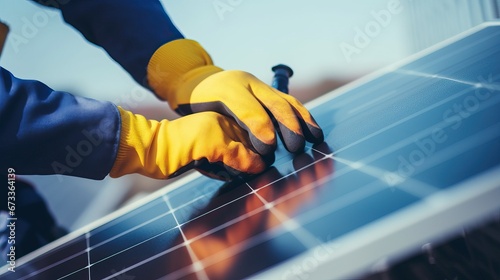 Cropped view of man hands in work gloves mounting photovoltaic solar panels. Worker assembling solar modules for generating electricity through photovoltaic effect. Renewable energy sources concept. photo