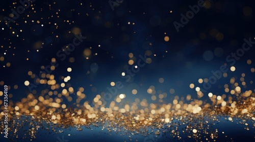 Glowing sparkling gold stars on navy blue background. Celebrate holiday confetti on Christmas New Year's Eve bokeh wallpaper.