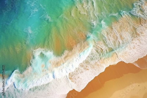 Aerial view of waves rolling onto a white sand beach with green sea, white bubbles, and clear sand landscape in paradise. Generative AI