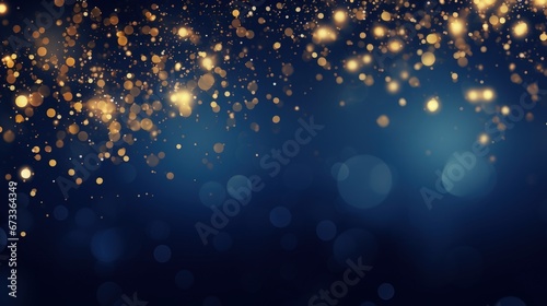 Obraz na płótnie Glowing sparkling gold stars on navy blue background. Celebrate holiday confetti on Christmas New Year's Eve bokeh wallpaper. w salonie