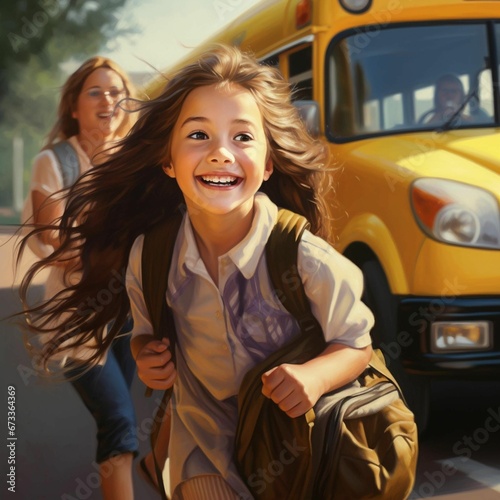 AI generated illustration of a cheerful young girl student wearing a school backpack photo