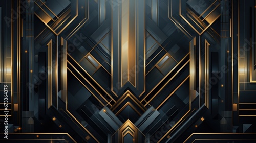 Abstract art deco. Great Gatsby 1920s geometric architecture background. Retro vintage black, gold, and silver roaring 20s texture. 