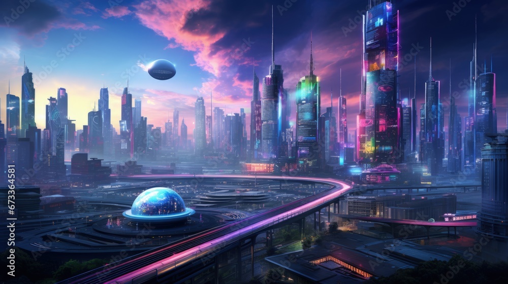 Futuristic city skyline. Blade runner. Neon lights cyberpunk cityscape with flying cars. Nightime glowing lights. - obrazy, fototapety, plakaty 