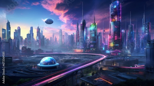 Futuristic city skyline. Blade runner. Neon lights cyberpunk cityscape with flying cars. Nightime glowing lights.