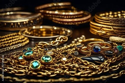 Very old vintage retro gold jewelry, rings, chains, bracelets with precious stones close-up, treasure