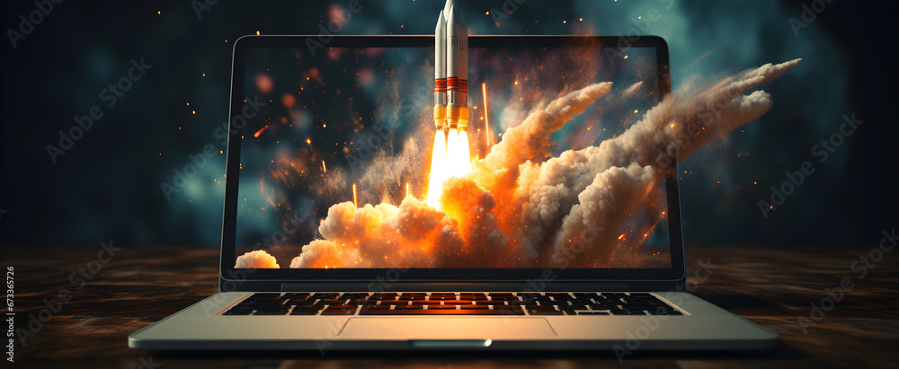 startup concept, rocket taking off from laptop screen on black background with copy space, - obrazy, fototapety, plakaty 