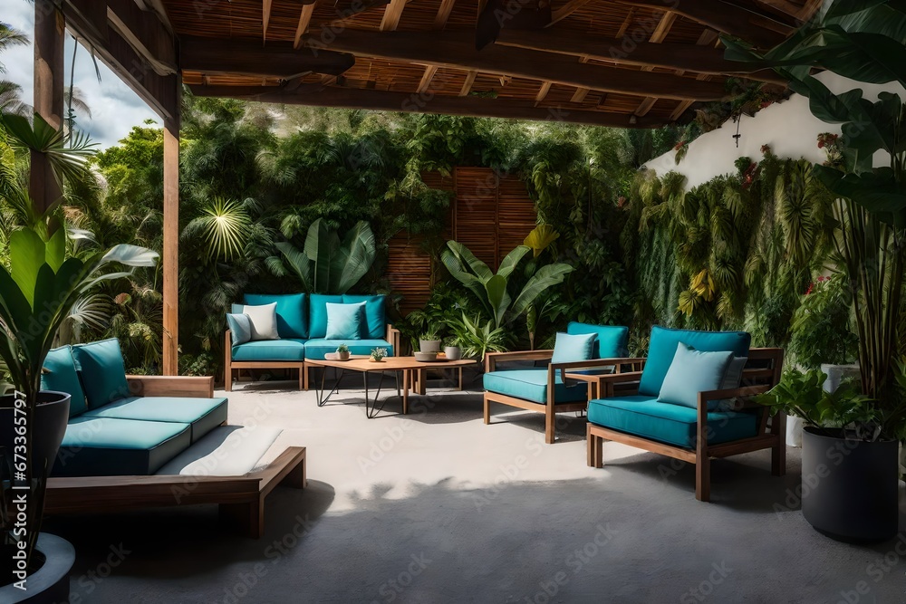 an outdoor living room set of two chairs, two couches, and a small planter with a tropical looking wal