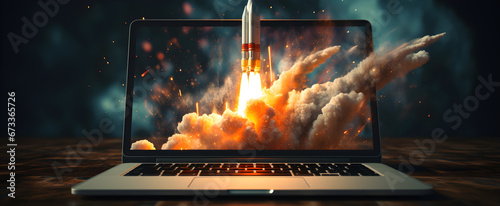 startup concept, rocket taking off from laptop screen on black background with copy space,