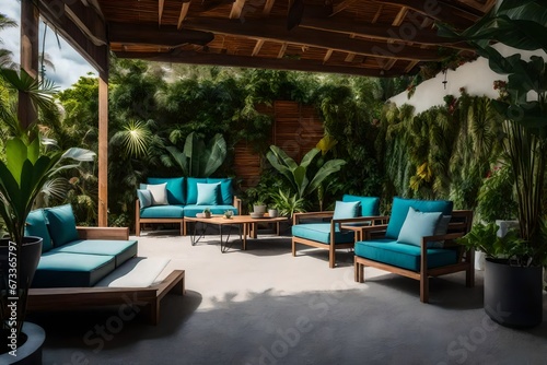 an outdoor living room set of two chairs, two couches, and a small planter with a tropical looking wal