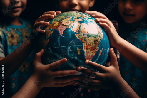 small children's hands holding the globe