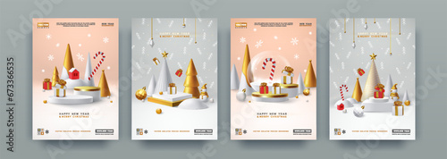 New year background. 3d happy holidays, white and gold winter tree and gifts, merry Christmas podium for product presentation, Noel decoration, poster collection. Vector design, exact vertical banners