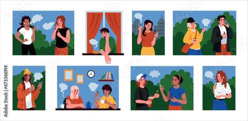 Cigarette smoke. People smoking tobacco. Vape smokers. Nicotine addiction. Happy young man and woman walk in park. Human health. Tobacco in hand. Harmful habit. Vector tidy illustration scenes set