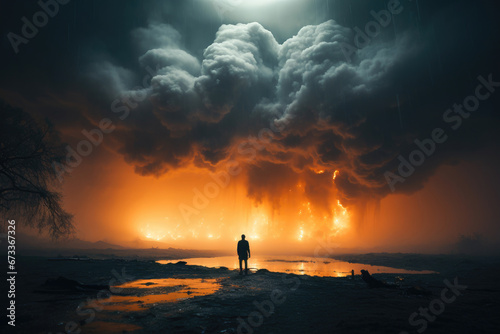 A solitary figure stands before a fiery sky and rainfall, a vivid depiction of contemplation amidst life's turbulent moments. © apratim