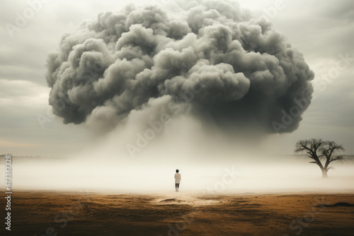 A solitary figure stands engulfed in mist, facing enormous storm clouds, evoking a strong sense of reflection and emotional solitude.