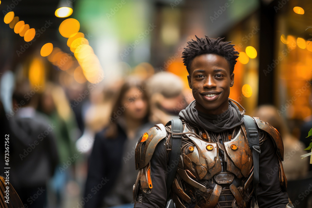 A cheerful young man wearing a futuristic robotic suit stands confidently in a bustling city street, blending high-tech style with urban life.