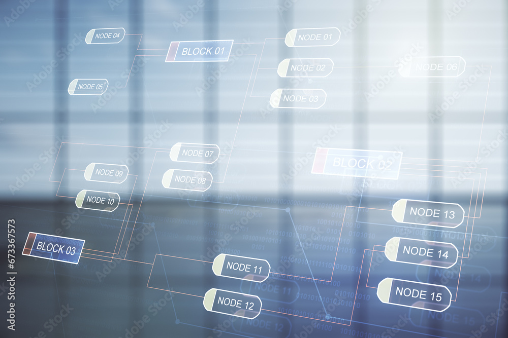 Fototapeta premium Multi exposure of abstract graphic coding sketch on modern interior background, big data and networking concept