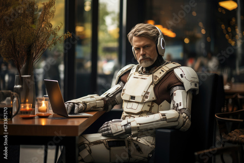 A humanoid robot with headphones using a laptop, blending futuristic technology with modern work life.