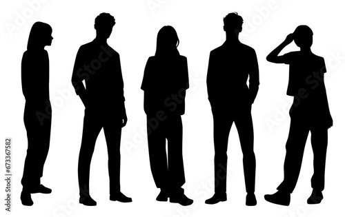 Vector silhouettes of  men and a women, a group of standing   business people, profile, black  color isolated on white background