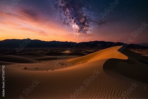A stunning desert landscape of rolling sand dunes under a warm gradient starry sky at sunrise. Generative AI