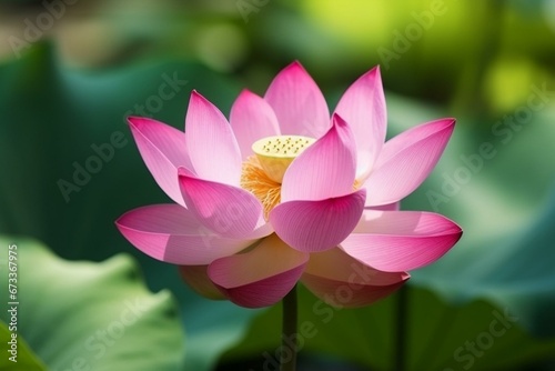 Close up of pink lotus in pond with blurred background. Generative AI