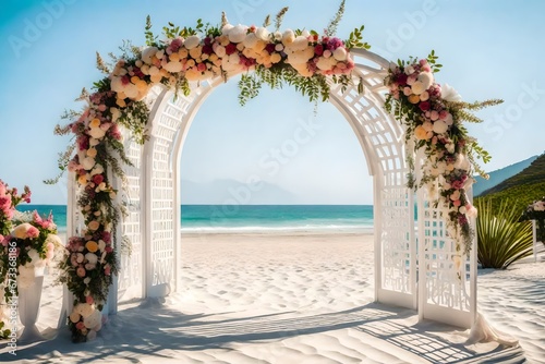 beautiful wooden decorative arch with flowers on the beach, white walkway for wedding ceremony © Hammad