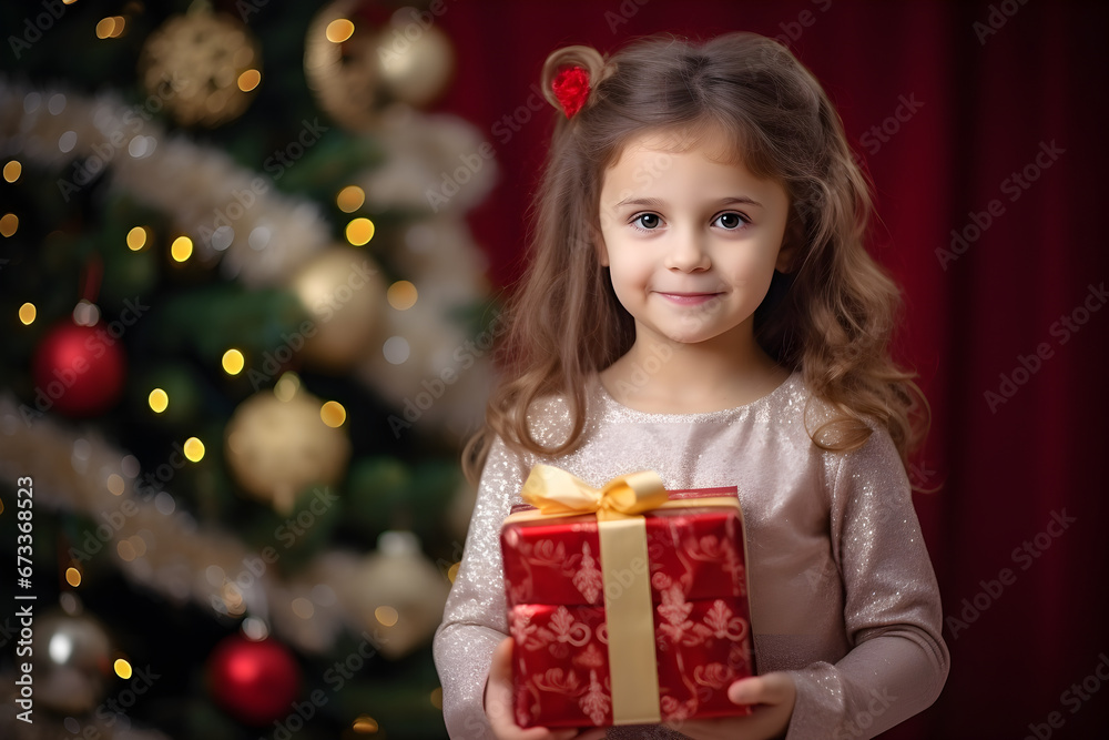 little girl holds gift box on the Christmas tree background little girl holds gift box on the Christmas tree background