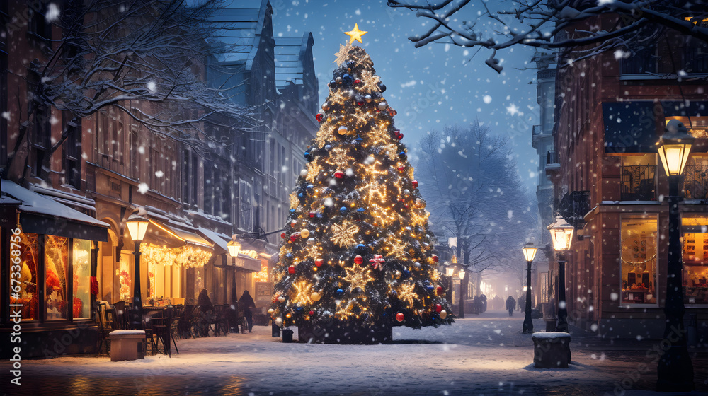 Christmas tree in the winter snow city Christmas tree in the winter snow city
