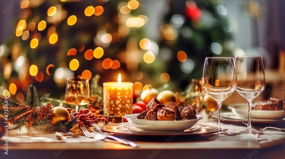 Festive table setting for Christmas dinner. Glasses with champagne, plate with chocolate candies, candles and Christmas tree on background