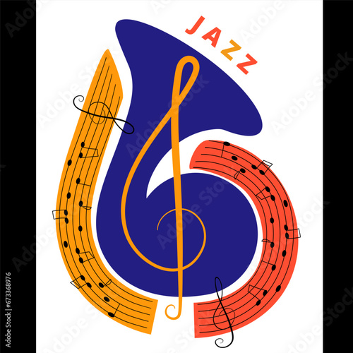 Music poster with French horn. Stylization. Jazz concept. Logo. Blue, yellow, orange, black, white. Sheet music, treble clef. For Music Events invitationsStylization