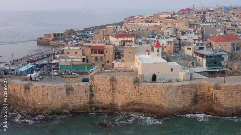 Aerial video over the old city of Acre at sunset Aerial video over the old city of Acre at sunset