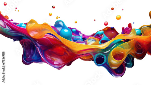Liquid fluently colorful, color splash in rainbow colors and drops, acrylic paint isolated on black background, png