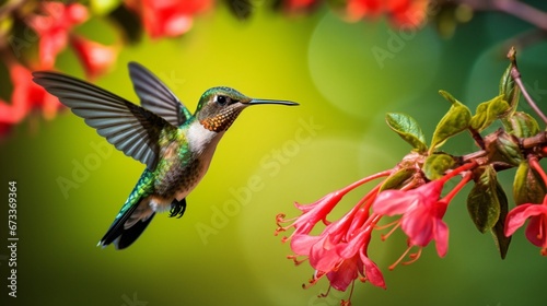 A Ruby-throated hummingbird gliding in the air, capturing the sweet nectar from a vibrant flower