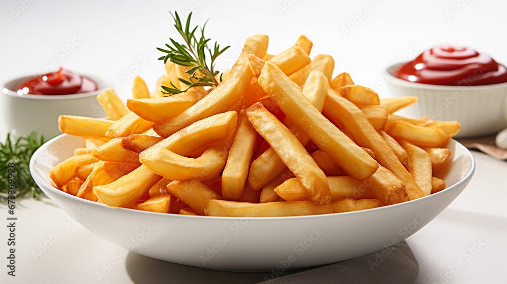 French fries or potato chips on a platter with ketchup French fries or potato chips on a platter with ketchup