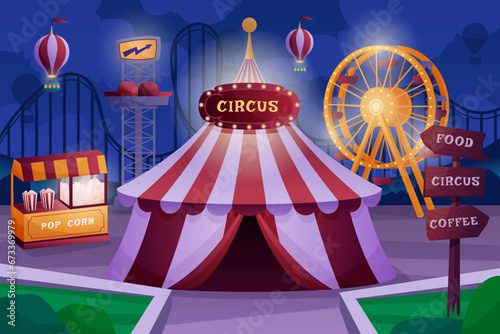 Carnival night. Circus park background. Fair theme with tent and fun attractions. Festival ferris wheel and ride rollercoaster carousel. Fairground pointer stick. Vector cartoon garish illustration