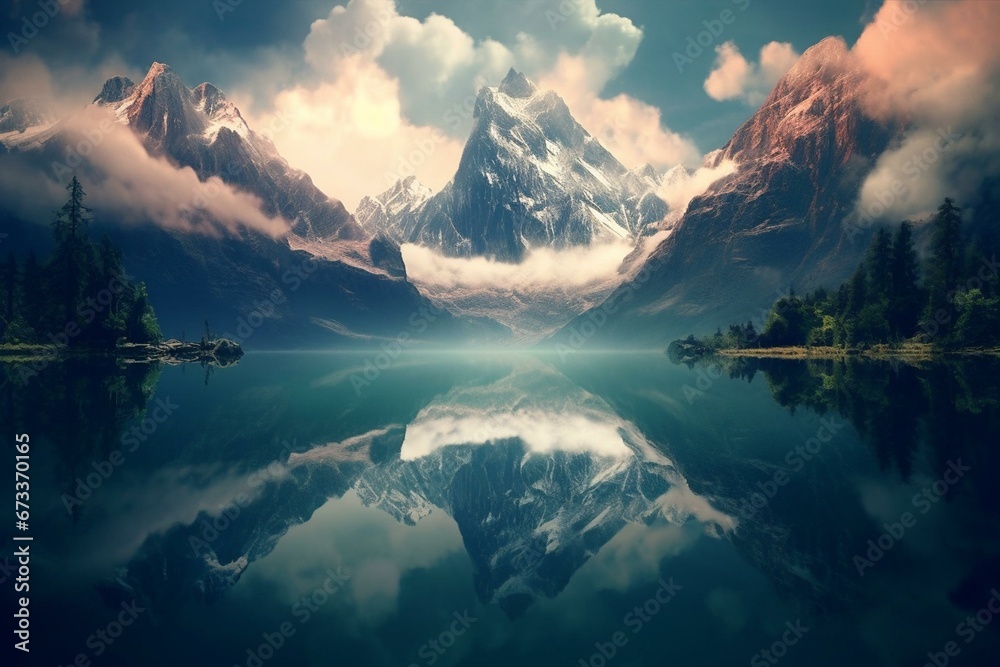 Breathtaking mountains mirrored in the lake. Generative AI
