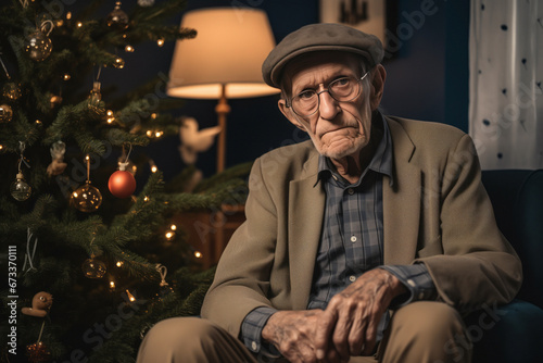 A sad lonely old man sitting alone by the Christmas tree. © dummy
