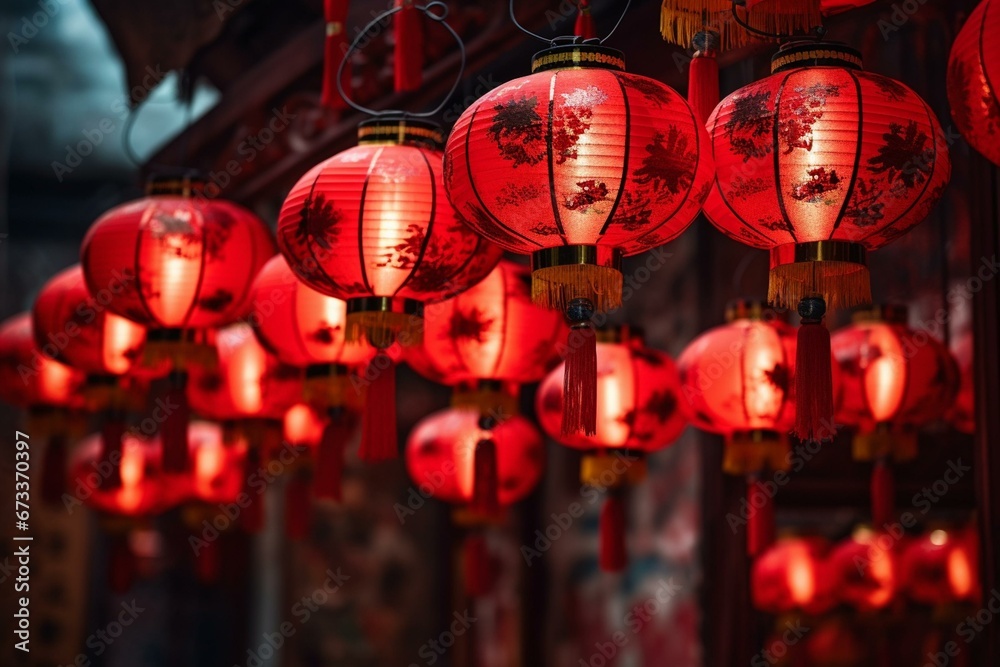 Naklejka premium Classic Chinese lanterns in vibrant red, symbolizing joy and prosperity during Lunar New Year festivities. Generative AI