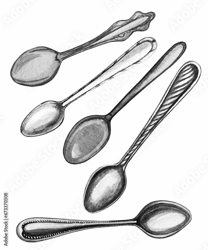 Set of different spoons, hand drawn watercolor illustration on white background.