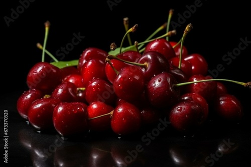 Red cherries on a black background. Generative AI