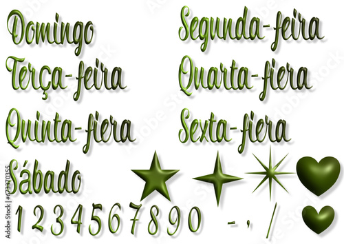 Domingo, segunda, terça, quarta, quinta, sexta fiera, numbers - writen to portoguese - Icons with calendar days Week.. Vector set. Point sticker to decorate diary, scheduler, calendar, planner.	