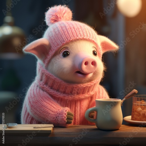 Adorable pink pig in a knit pattern.