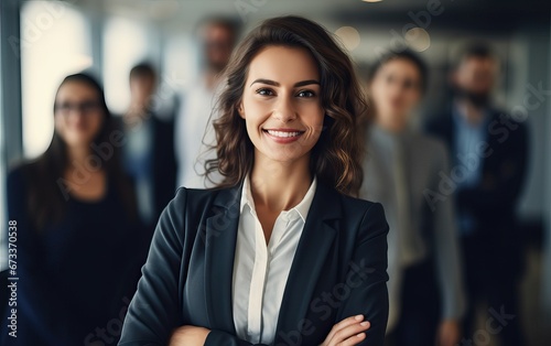 Portrait of a successful businesswoman standing in office with colleagues in background. Happy looking female professional with her arms crossed. photo