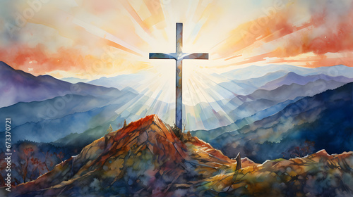 Shinning cross on mountain peak at sunrise, watercolor style