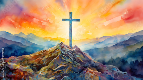 Cross on mountain peak at sunrise, watercolor style #673372199