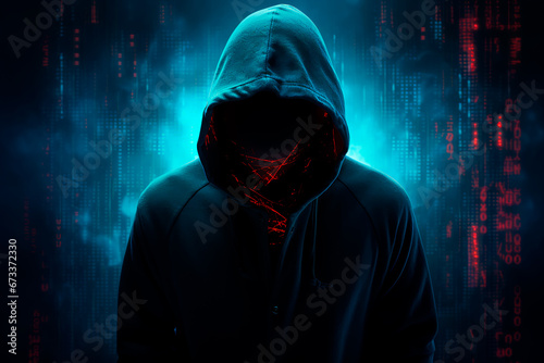 A hacker in a hoodie with an obscured face, illustrating concepts of hacker attacks, virus-infected software, the dark web, and cyber security.

