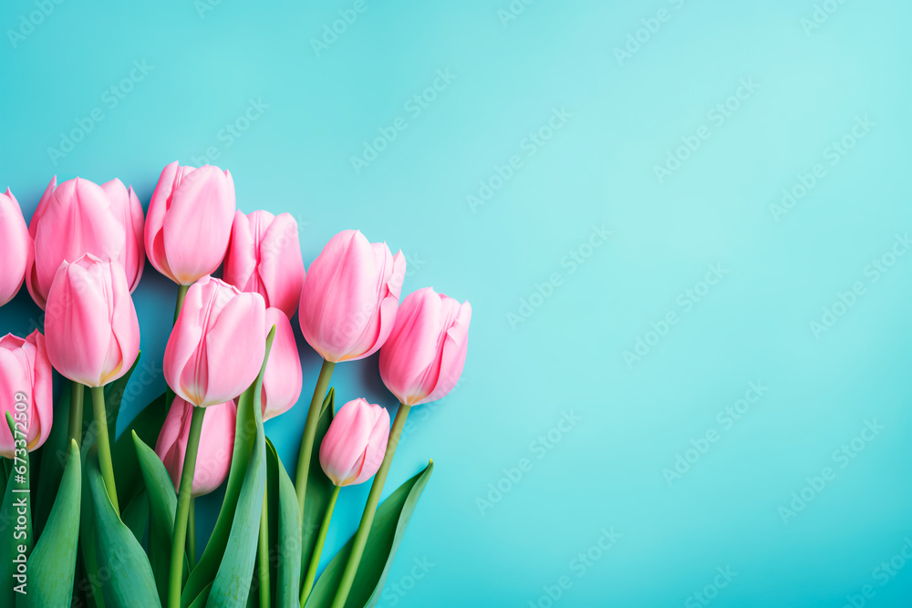 pink tulips on blue background and place for text . Bright image. 
