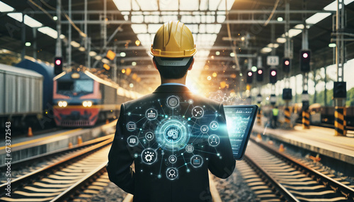 An engineer in a helmet stands on the railway tracks in the depot, the interface and control icons are visualized in front of him.