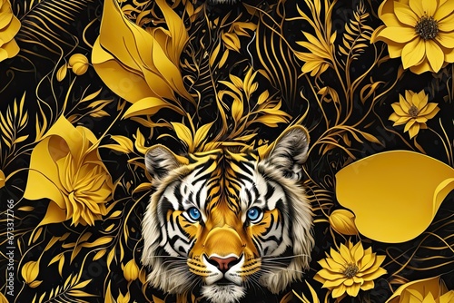 tiger on a black background seamless loopable pattern. Tiled pattern with tiger in yellow and black.