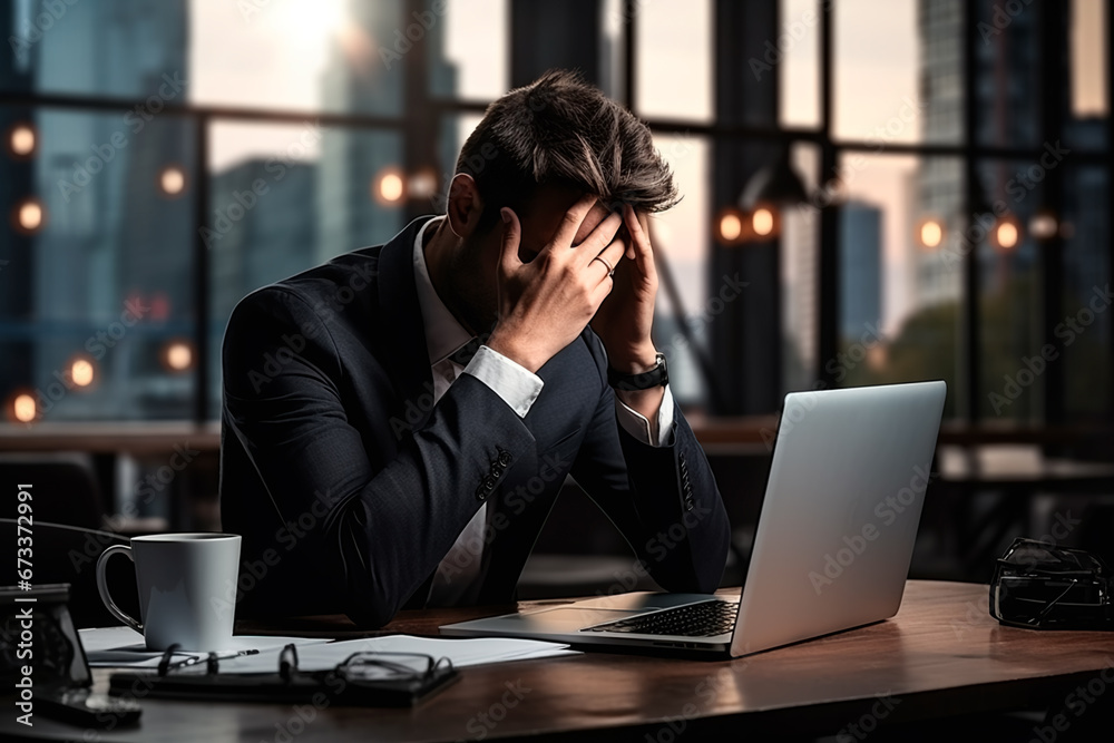 A distressed businessman in his office, holding his head, struggling with overwork, stress, or job loss. Bright image. A distressed businessman in his office, holding his head, struggling with overwork, stress, or job loss. Bright image.